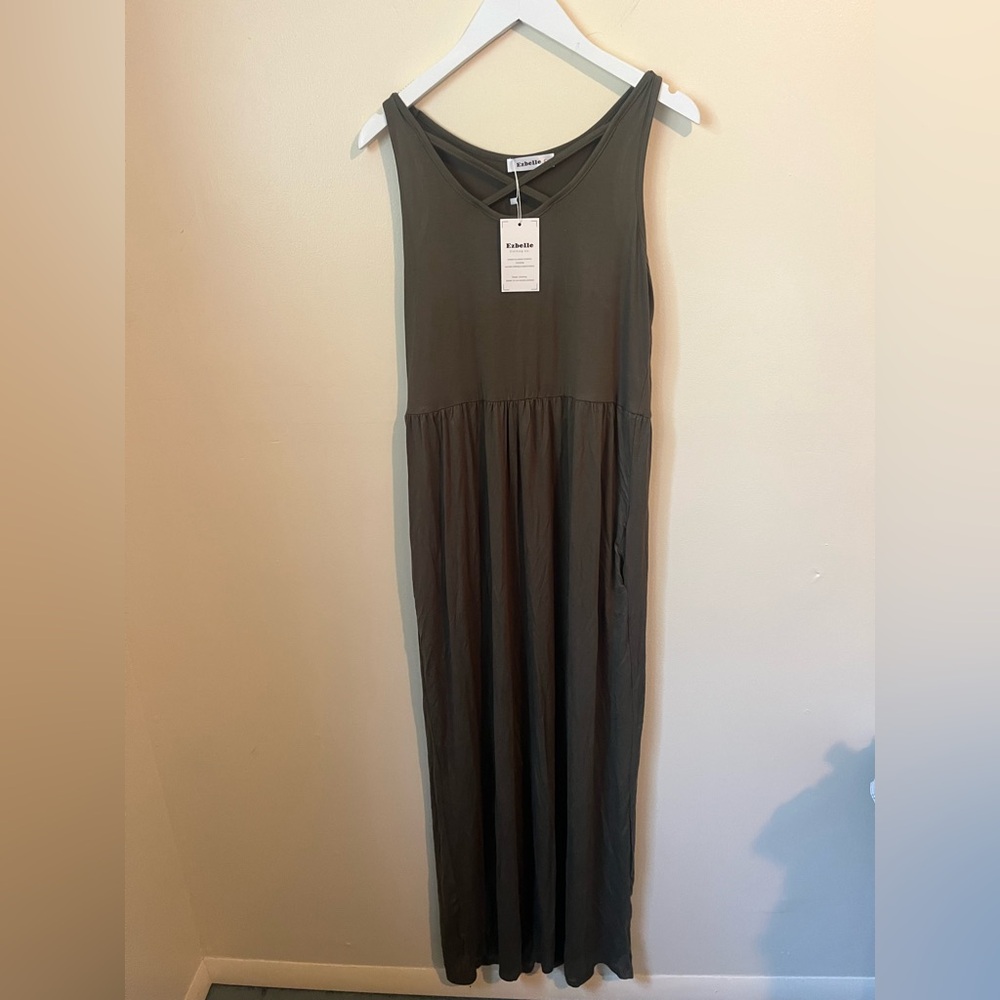 Ezbelle Olive Green Maxi Sundress Sleeveless Scoop Neck